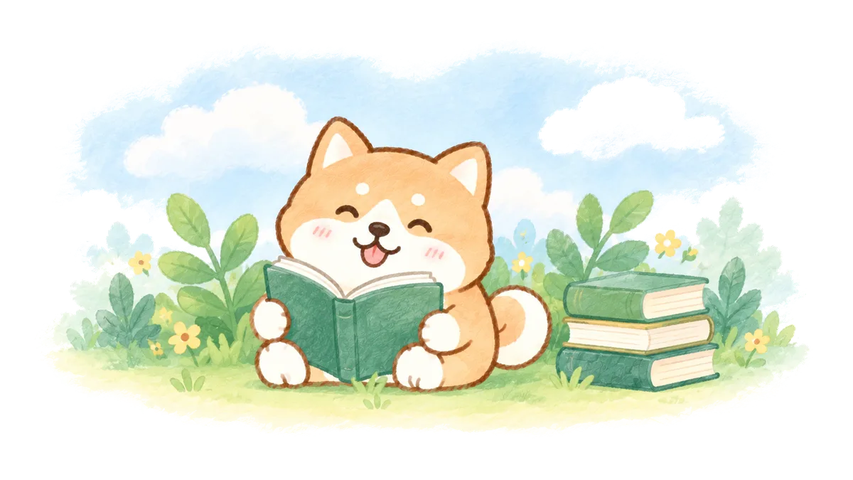 本を読む柴犬のハチ